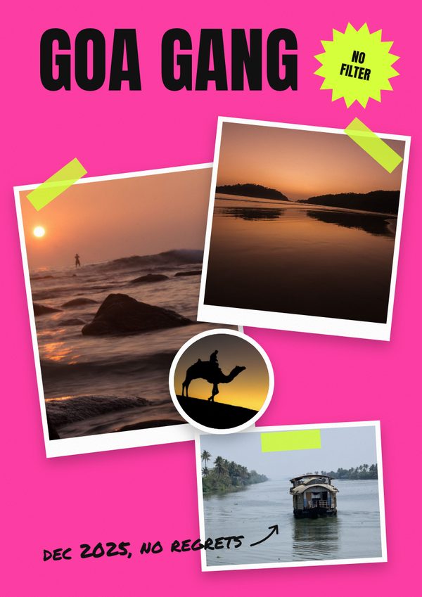 A hot pink cover titled Goa Gang with tilted beach photos held by lime tape
