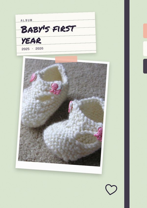 A sage journal cover with an elastic band, a taped photo and Baby's first year