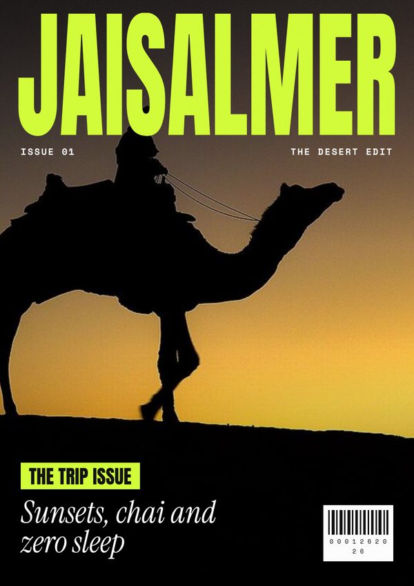 A magazine-style cover with JAISALMER across the top of a desert photo