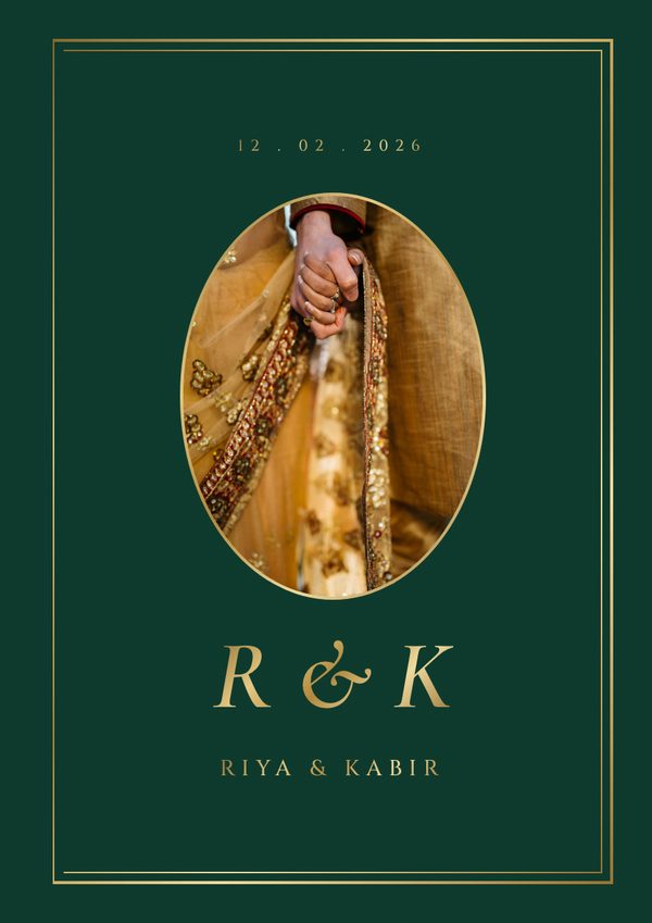 An emerald cover with gold initials R and K under an oval photo of held hands