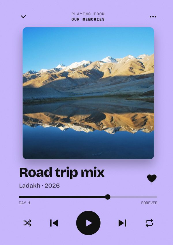A lavender cover drawn as a music player, with a Ladakh lake as the album art