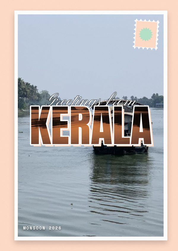 A retro postcard cover reading Greetings from Kerala, with a photo inside the letters
