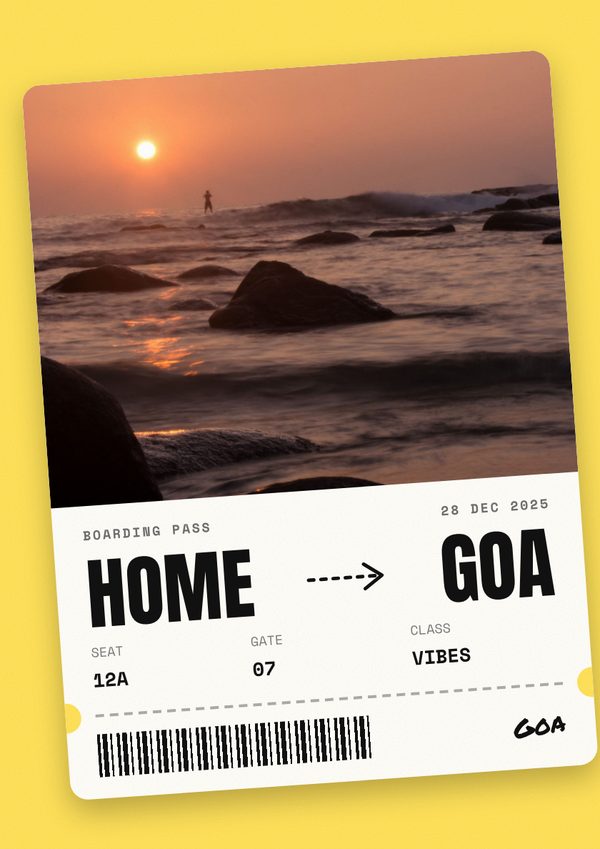 A yellow cover drawn as a boarding pass from Home to Goa, with a sunset photo