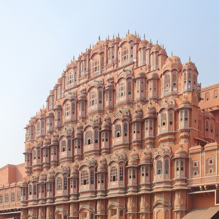 The pink honeycomb facade of the Hawa Mahal, Jaipur
