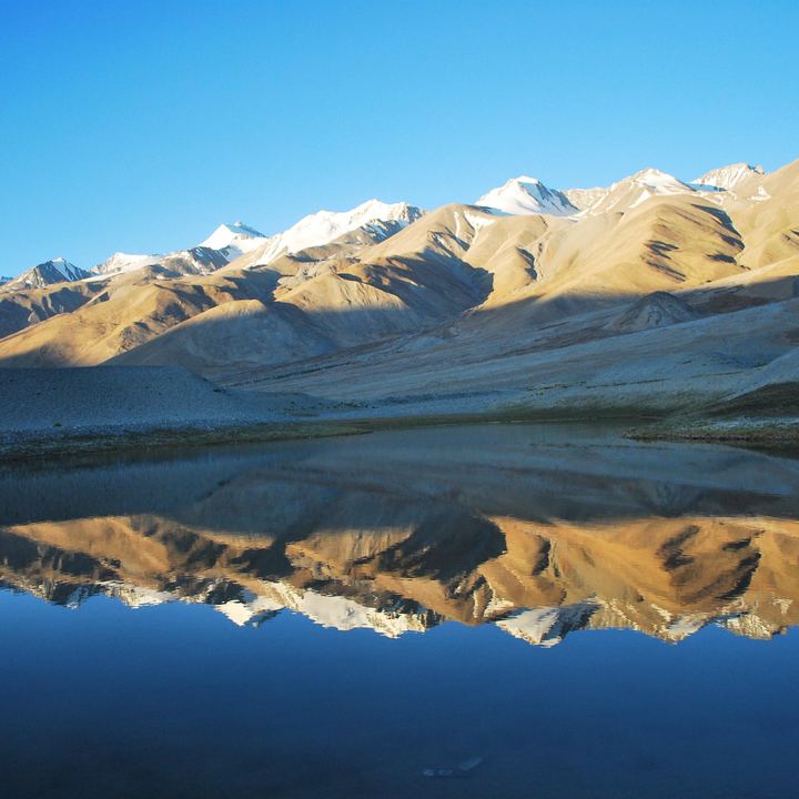 Bare mountains mirrored in the still water of Pangong Tso, Ladakh